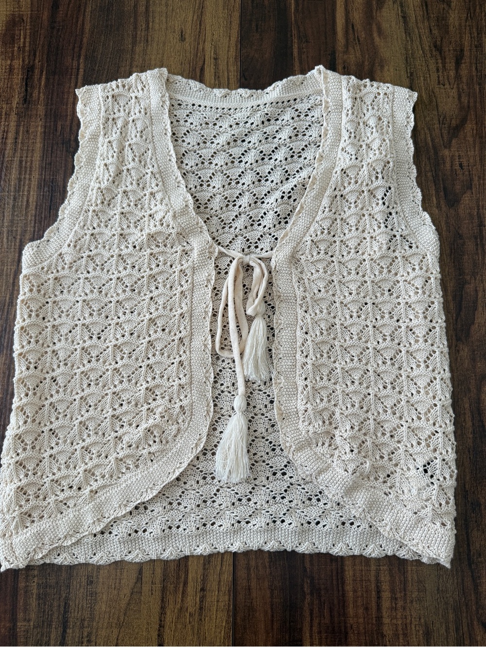 Amazon Open-Knit Tassel Tie Sleeveless Vest in Cream